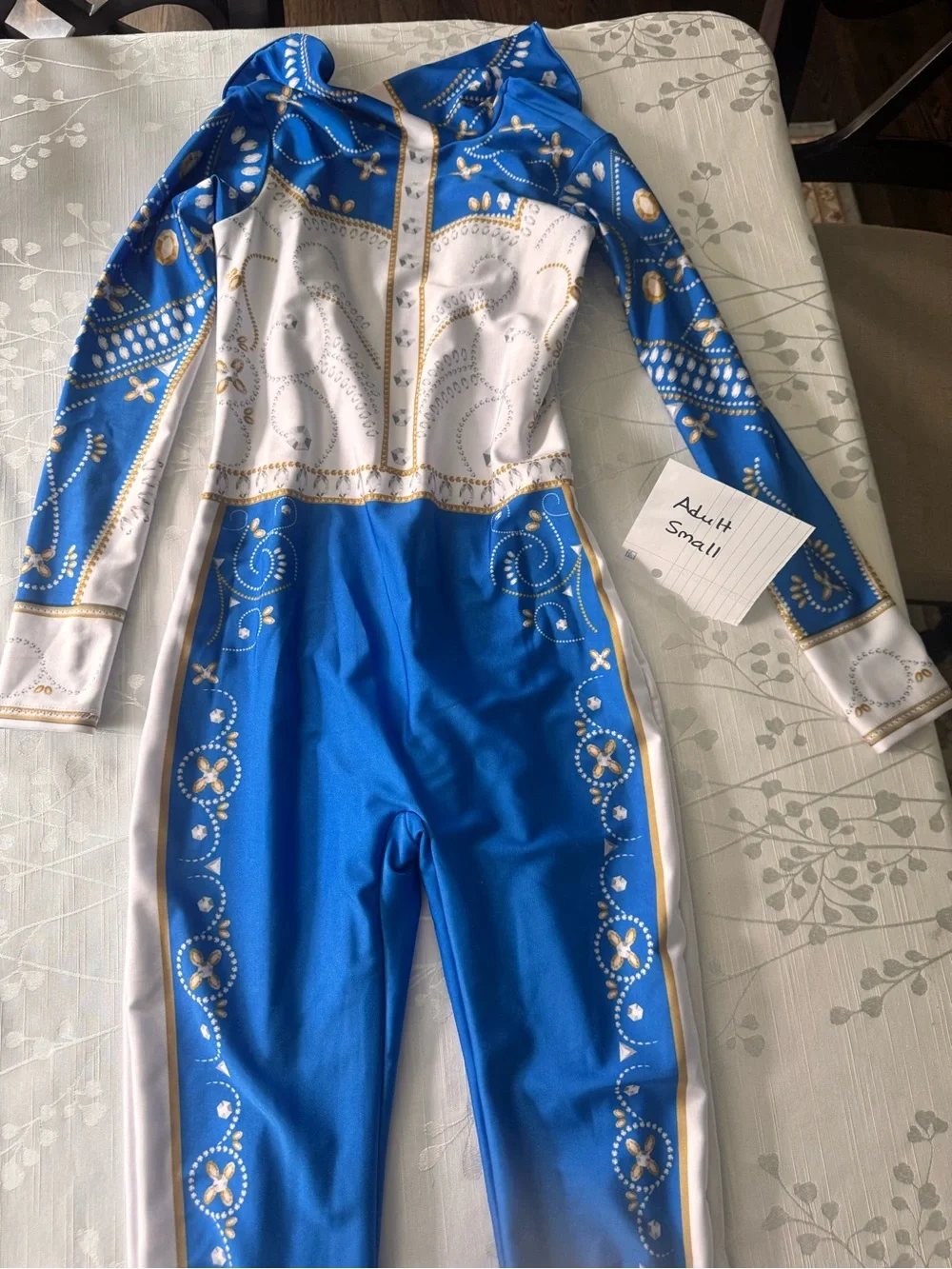Blue & White Sparkle Dance Unitard with Gold Accents - Adult Small Acro Costume